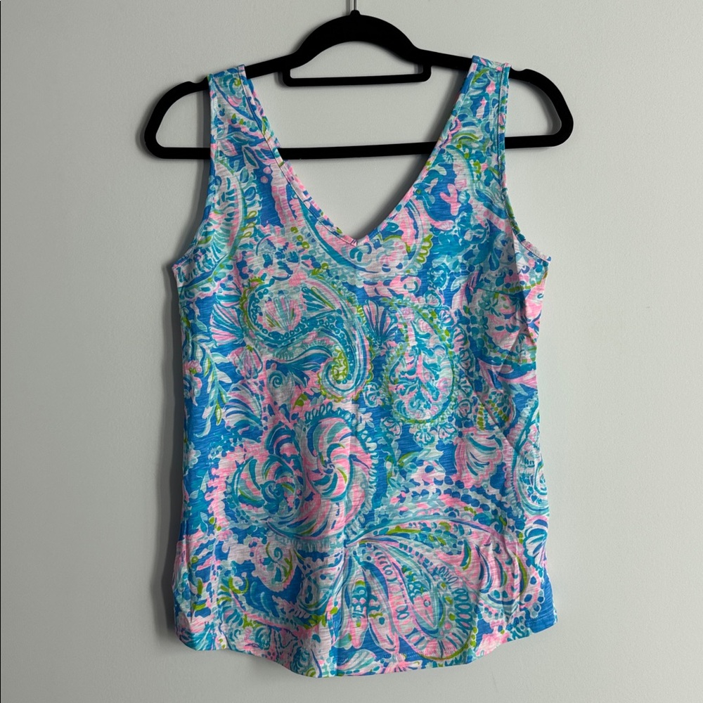 Lilly Pulitzer Blue Pink Green Paisley V-Neck Tank Top Size XS